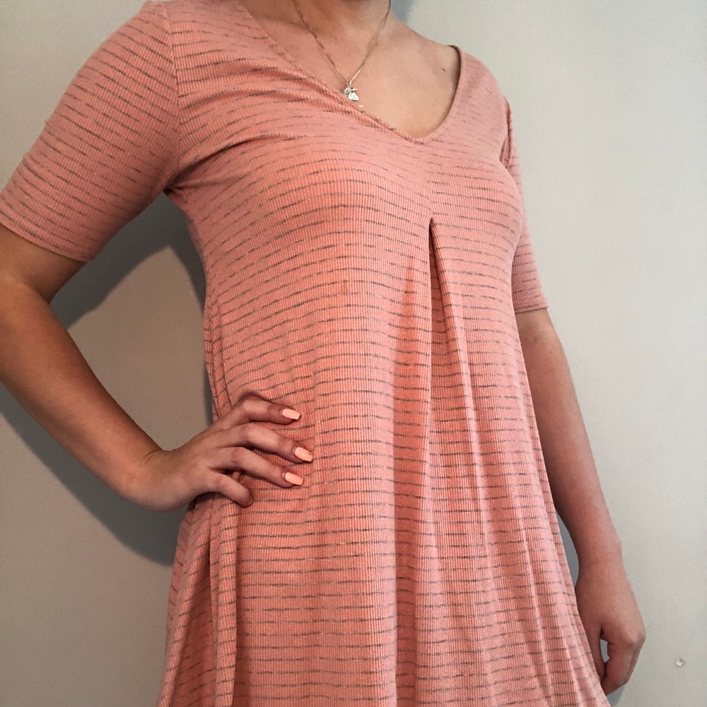 pink and gray striped T-shirt dress